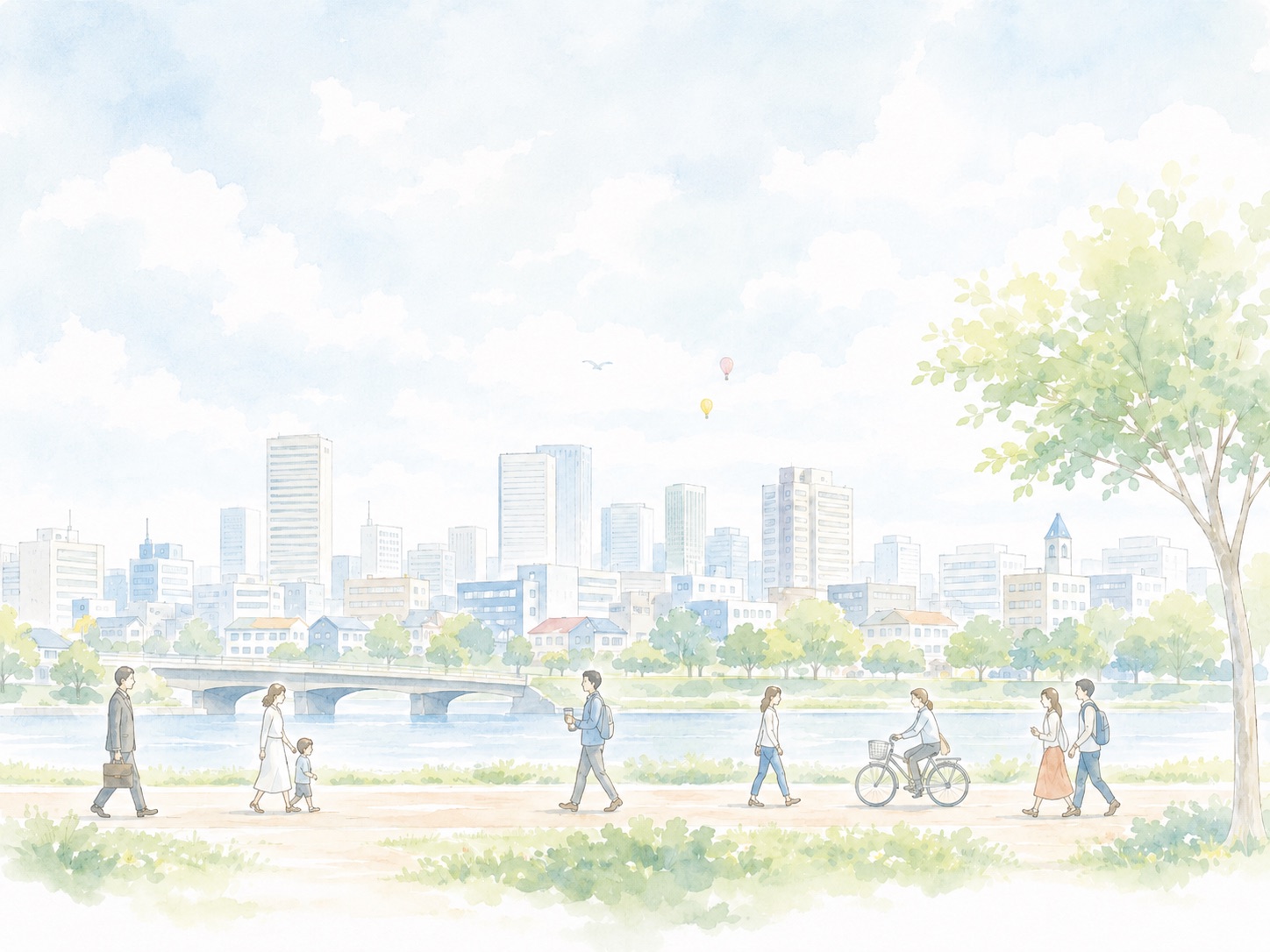 川と街並み、行き交う人々を描いたやわらかな水彩のイメージイラスト